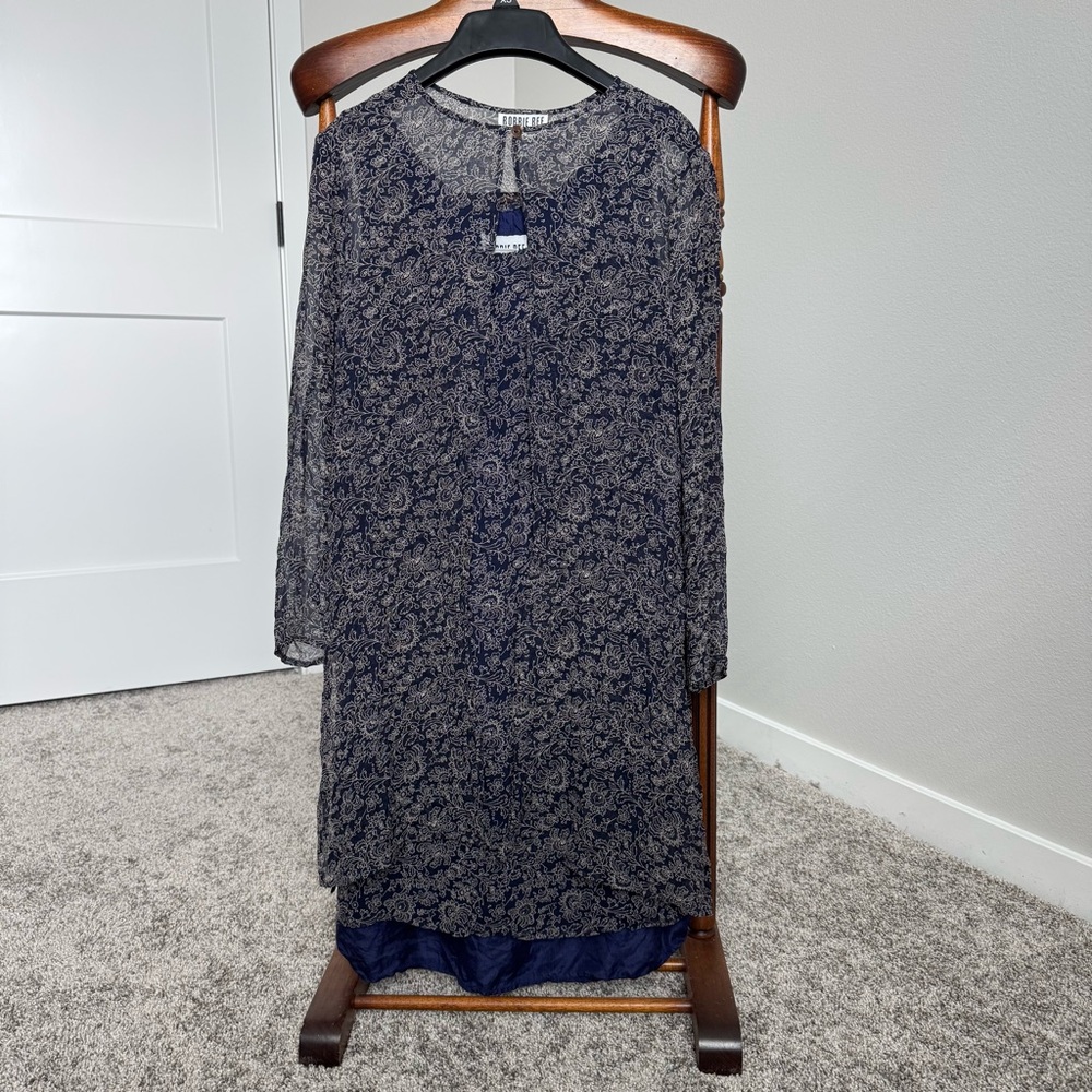 VTG Robbie Bee 100% Silk 2 Piece Dress Set Navy Floral Sheer Jacket Women’s 6